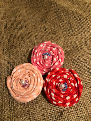 Pink and Red Picnic Rosette Clips. Set of 3