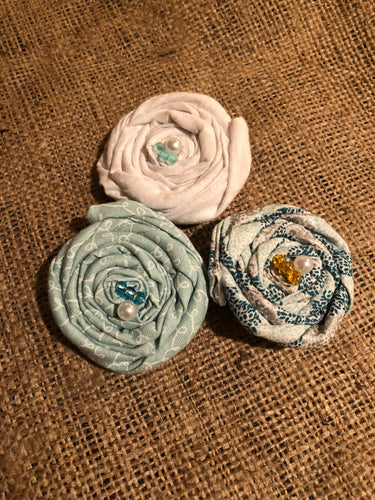 Turquoise and White Rosette Clips.  Set of 3
