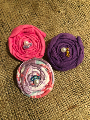 Pink and purple Rosette Clips.  Set of 3.